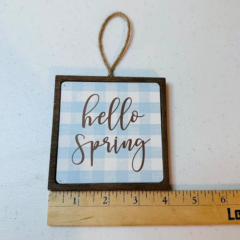 Small HELLO SPRING wood sign AND Easter Bunny Buffalo plaid spring tiered tray